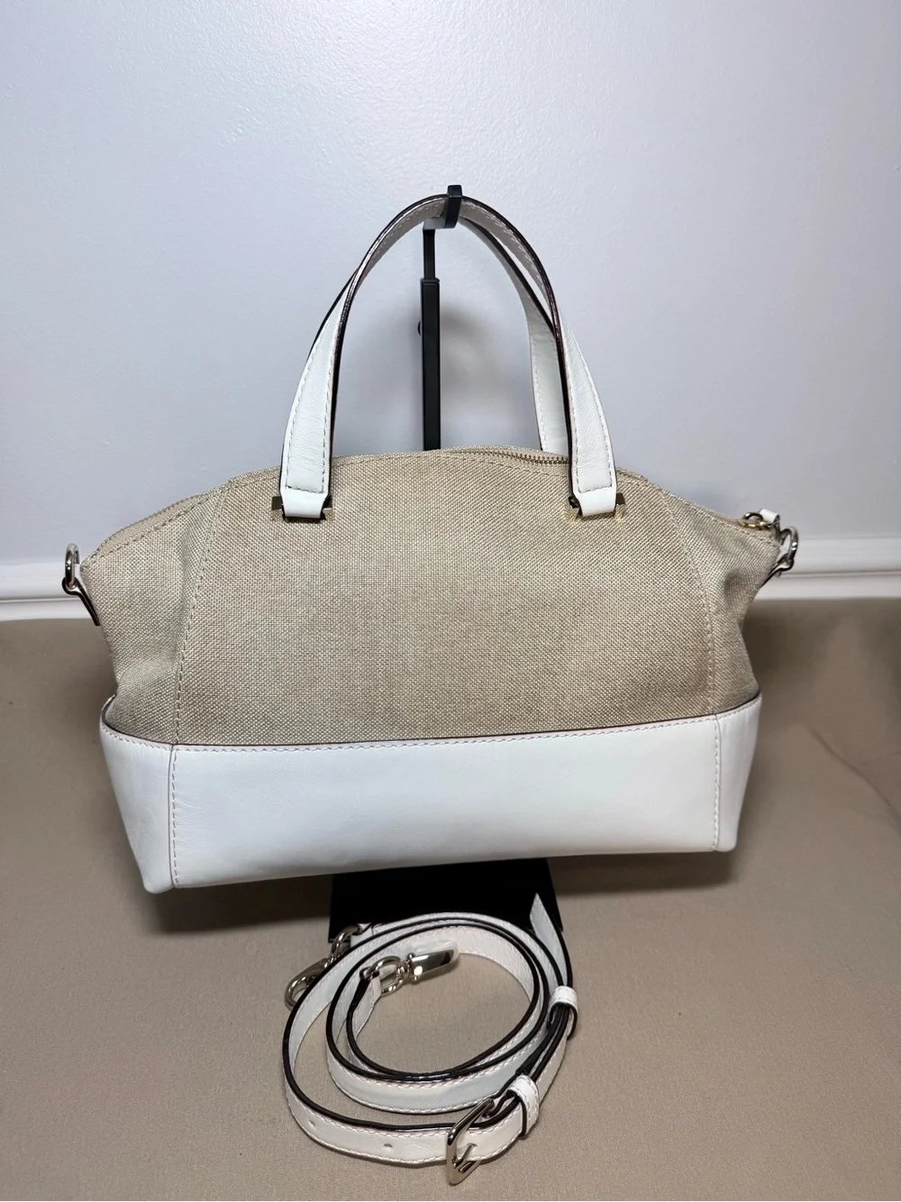 Kate Spade Reiley Straw & White Leather Dome Satchel Crossbody Bag
